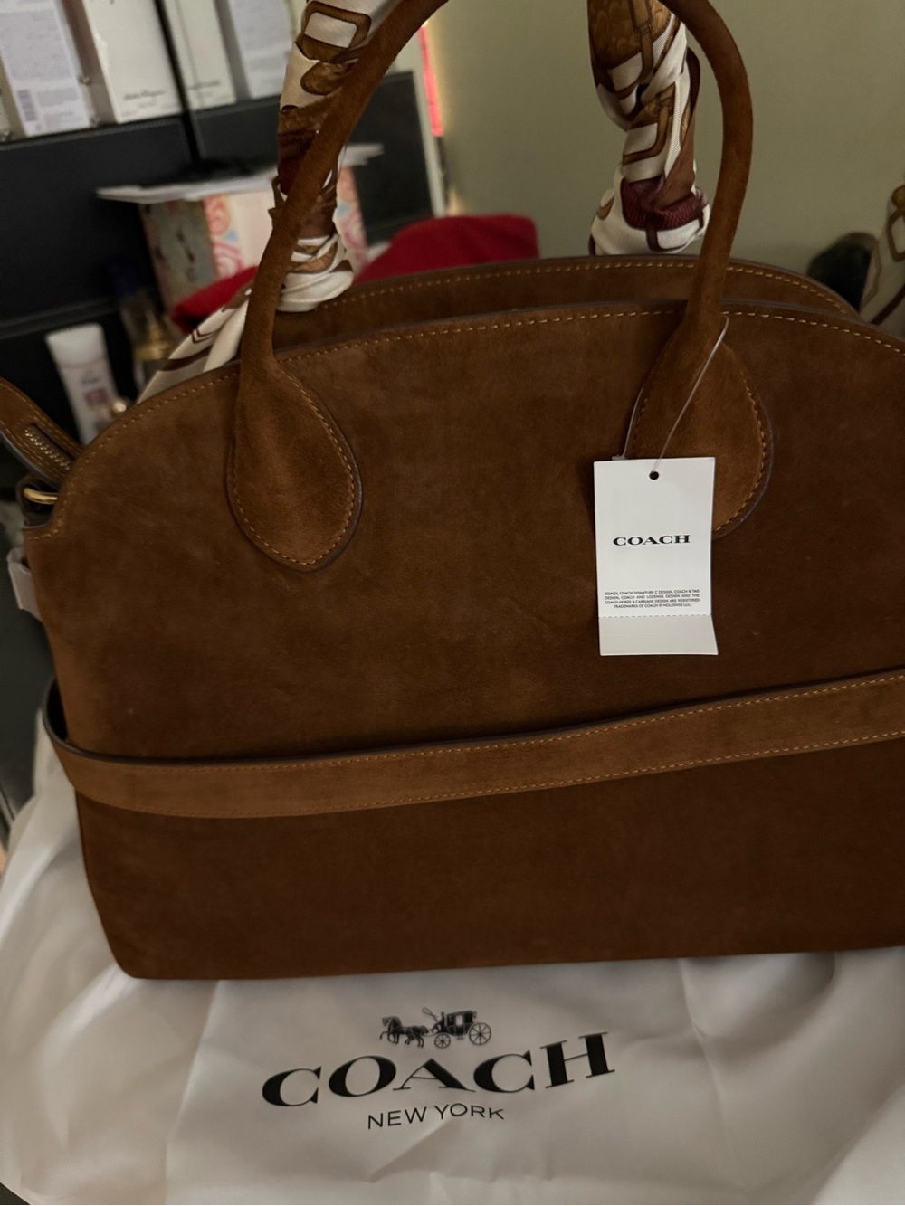 NWT Coach Suede Satchel in Chestnut with Silk-Scarf Wrapped Handles - Picture 2 of 10